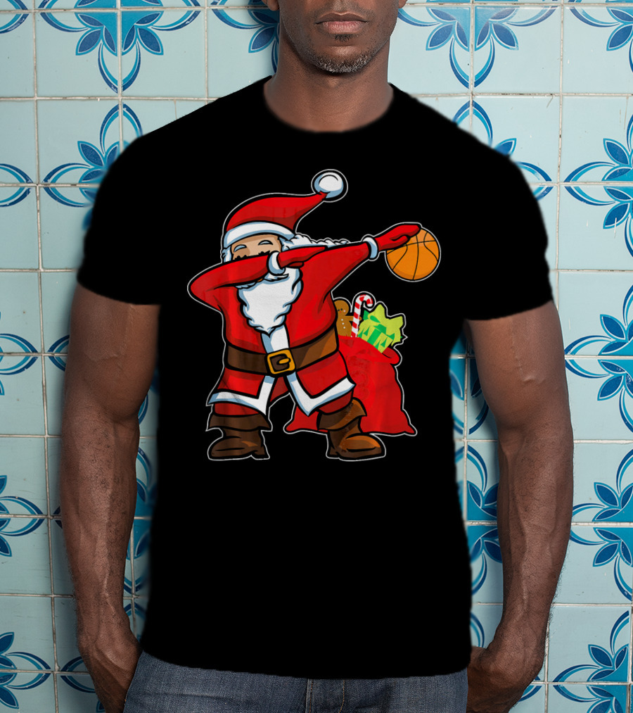 Christmas Dabbing Santa Holding Basketball With Gifts T-Shirt