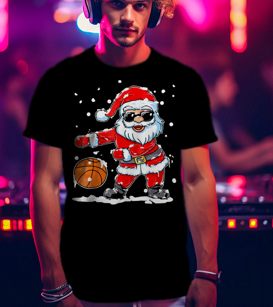 Santa Flossing With Basketball In Snowy Christmas Scene T-Shirt
