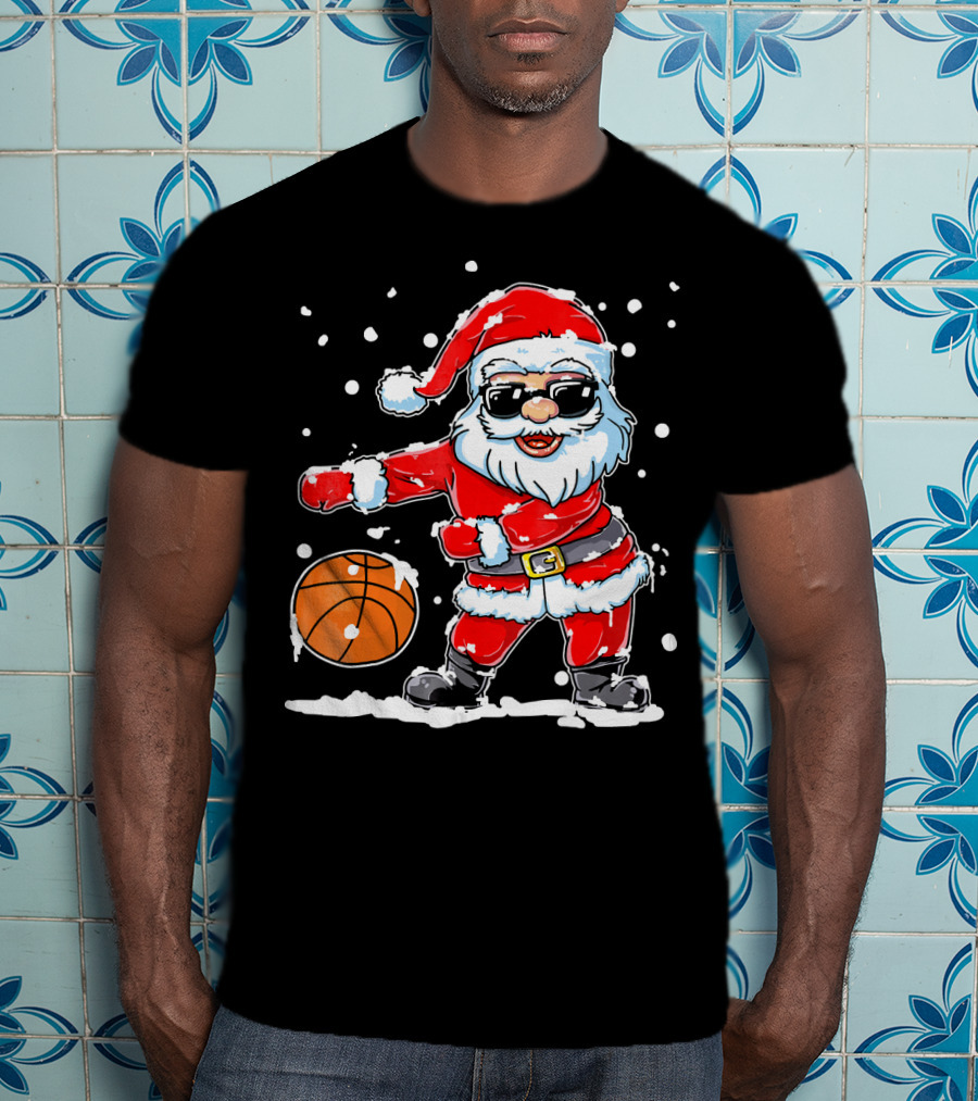 Santa Flossing With Basketball In Snowy Christmas Scene T-Shirt