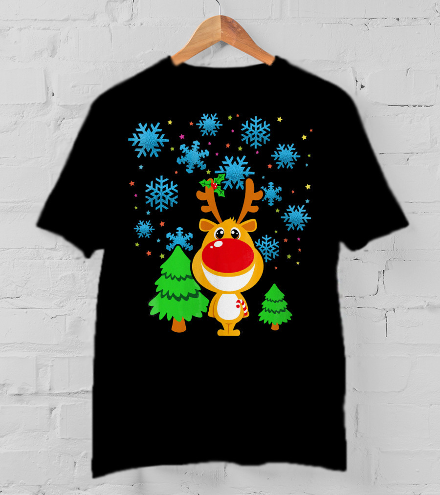 Christmas Reindeer With Snowflakes And Trees Family Matching T-Shirt