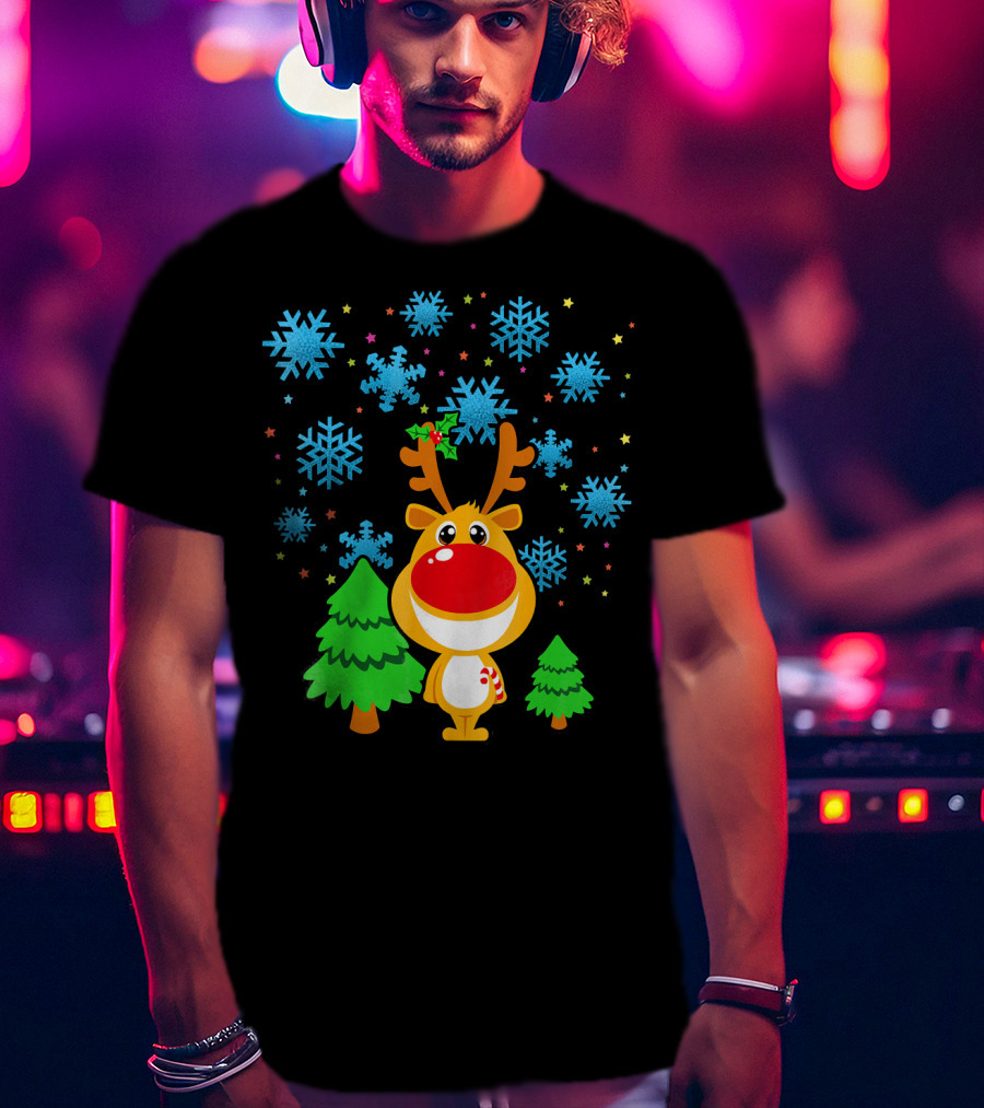 Christmas Reindeer With Snowflakes And Trees Family Matching T-Shirt