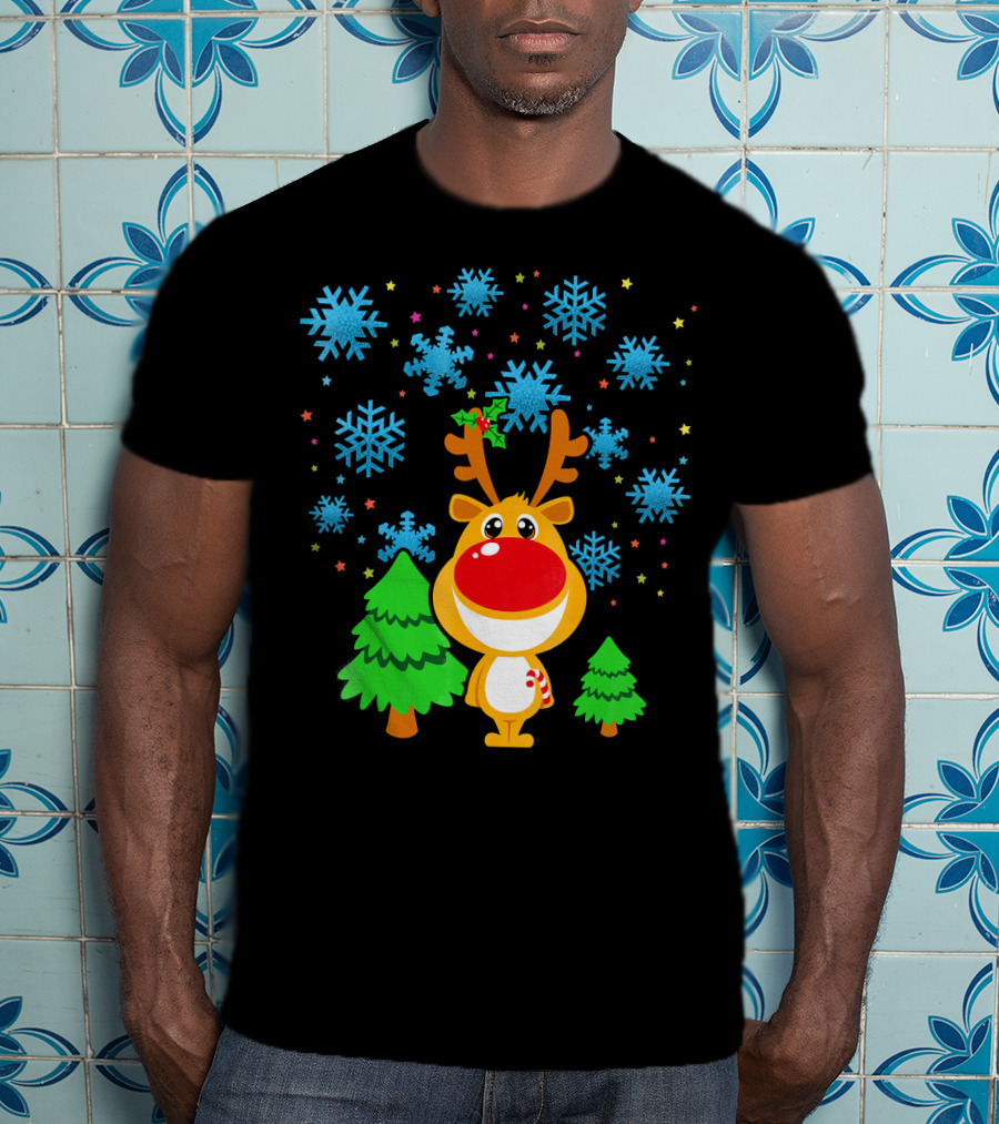 Christmas Reindeer With Snowflakes And Trees Family Matching T-Shirt