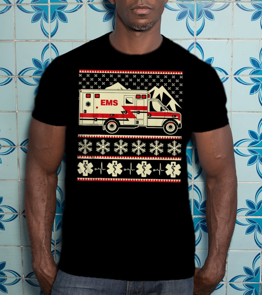 EMS Christmas Ambulance Ugly Sweater Snowflake T-Shirt