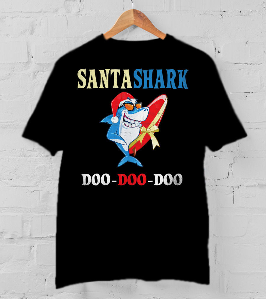 Santa Shark Doo-Doo-Doo Surfboard Christmas T-Shirt
