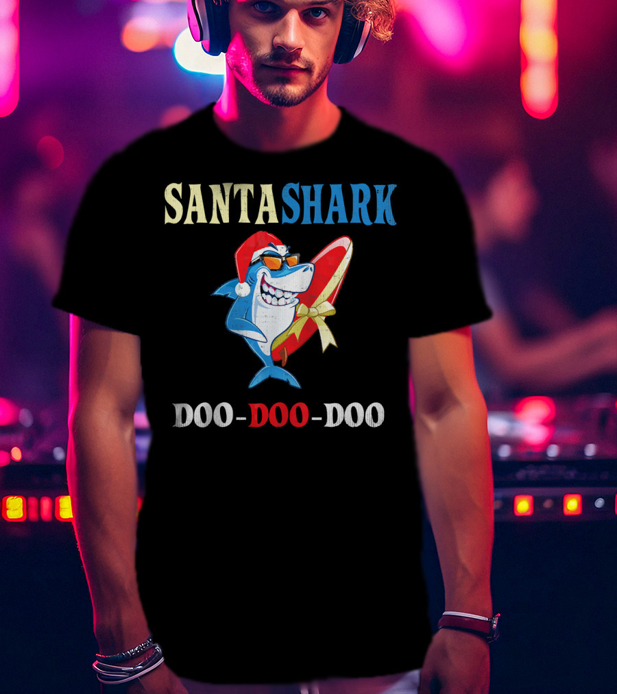 Santa Shark Doo-Doo-Doo Surfboard Christmas T-Shirt