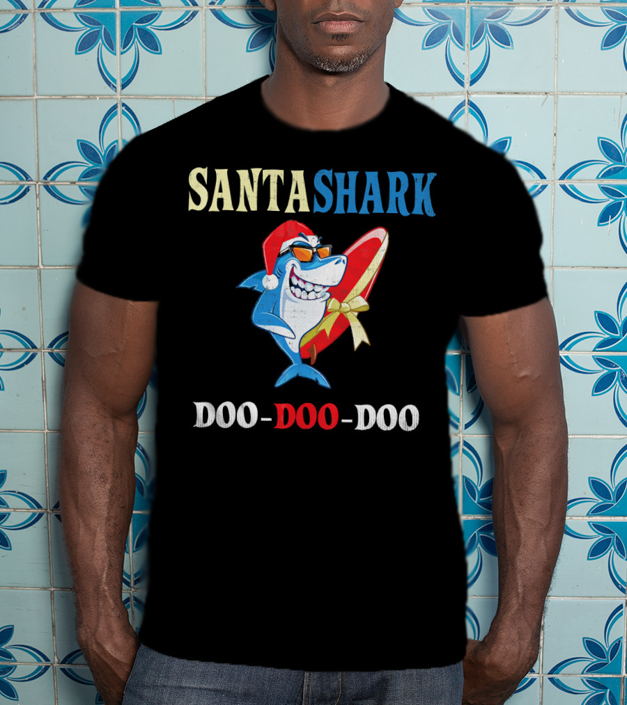 Santa Shark Doo-Doo-Doo Surfboard Christmas T-Shirt