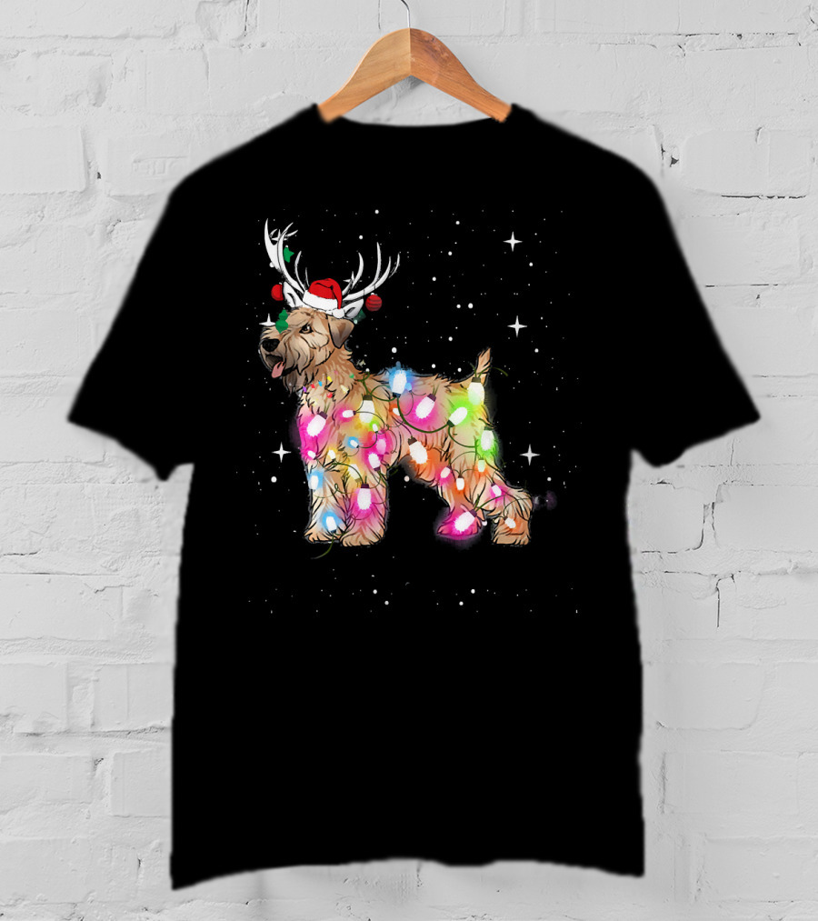 Christmas Lights Soft Coated Wheaten Terrier Santa Hat Antlers Snowflakes T-Shirt