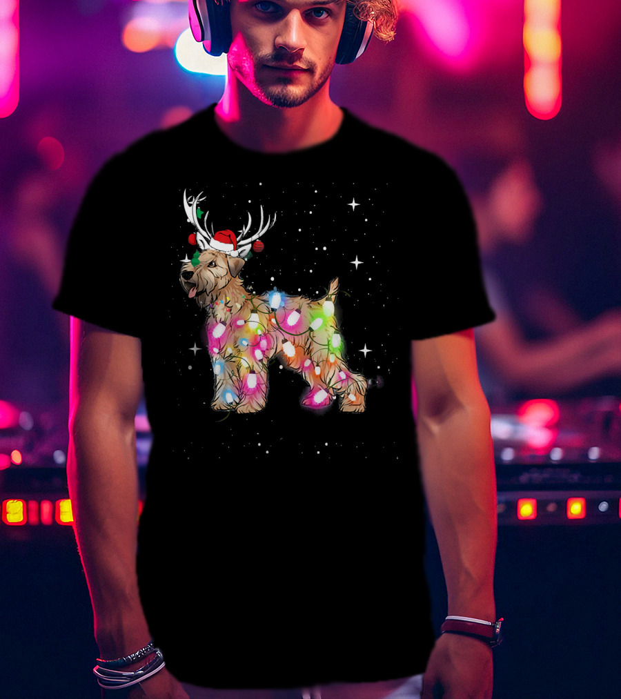 Christmas Lights Soft Coated Wheaten Terrier Santa Hat Antlers Snowflakes T-Shirt