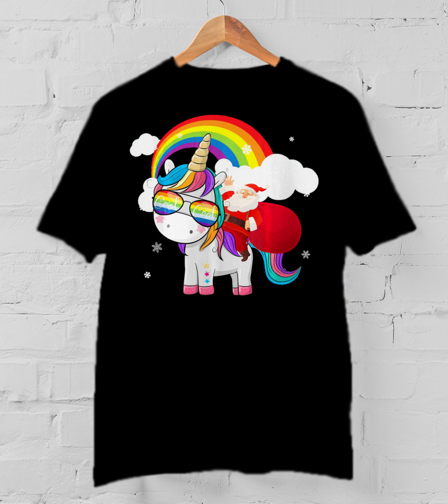 Cool Santa Riding Unicorn Rainbow Christmas Cos T-Shirt