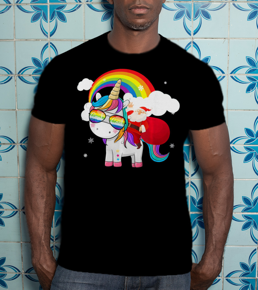 Cool Santa Riding Unicorn Rainbow Christmas Cos T-Shirt