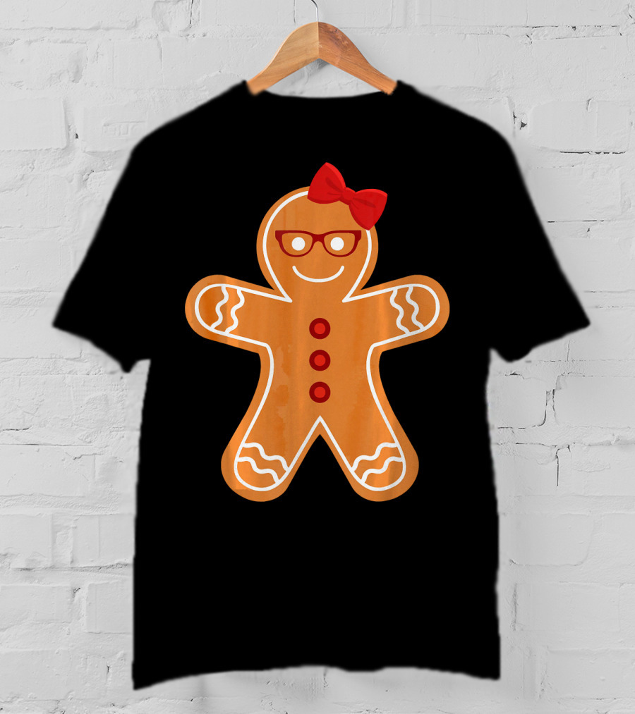 Gingerbread Girl Cookie With Glasses And Red Bow Christmas T-Shirt