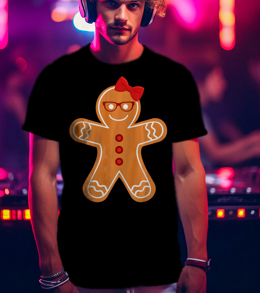 Gingerbread Girl Cookie With Glasses And Red Bow Christmas T-Shirt