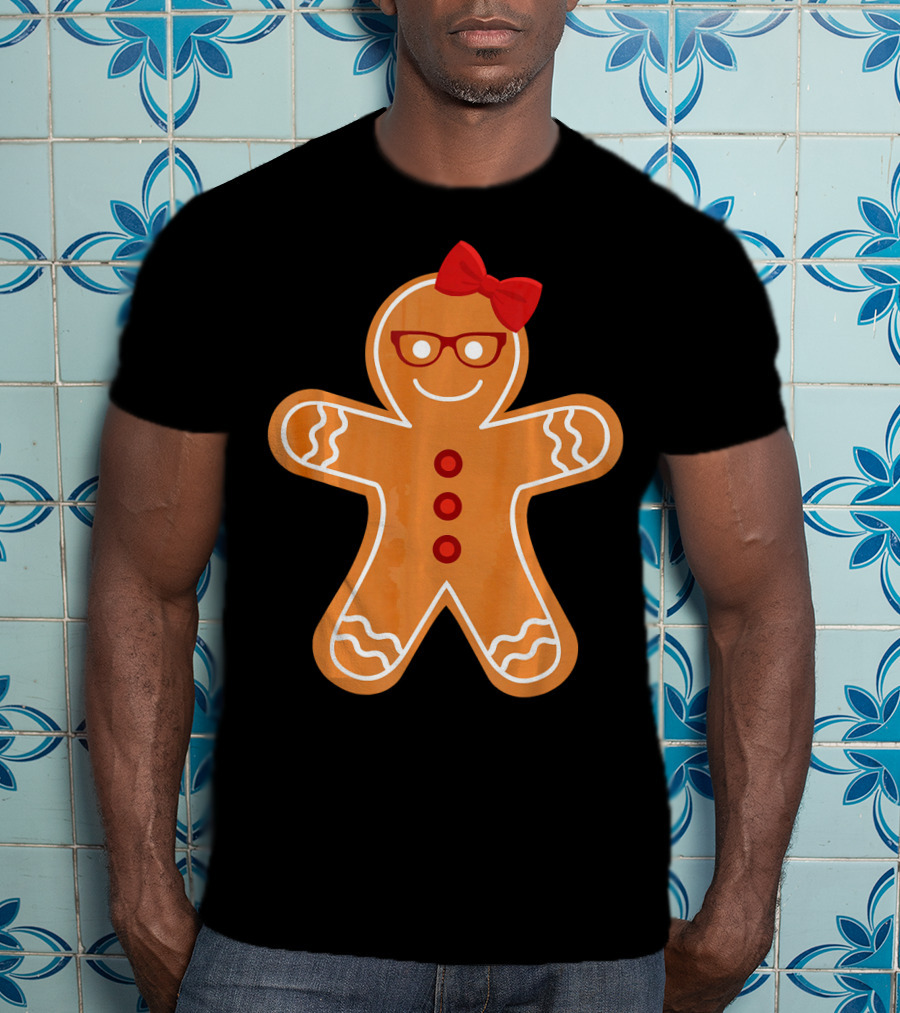 Gingerbread Girl Cookie With Glasses And Red Bow Christmas T-Shirt