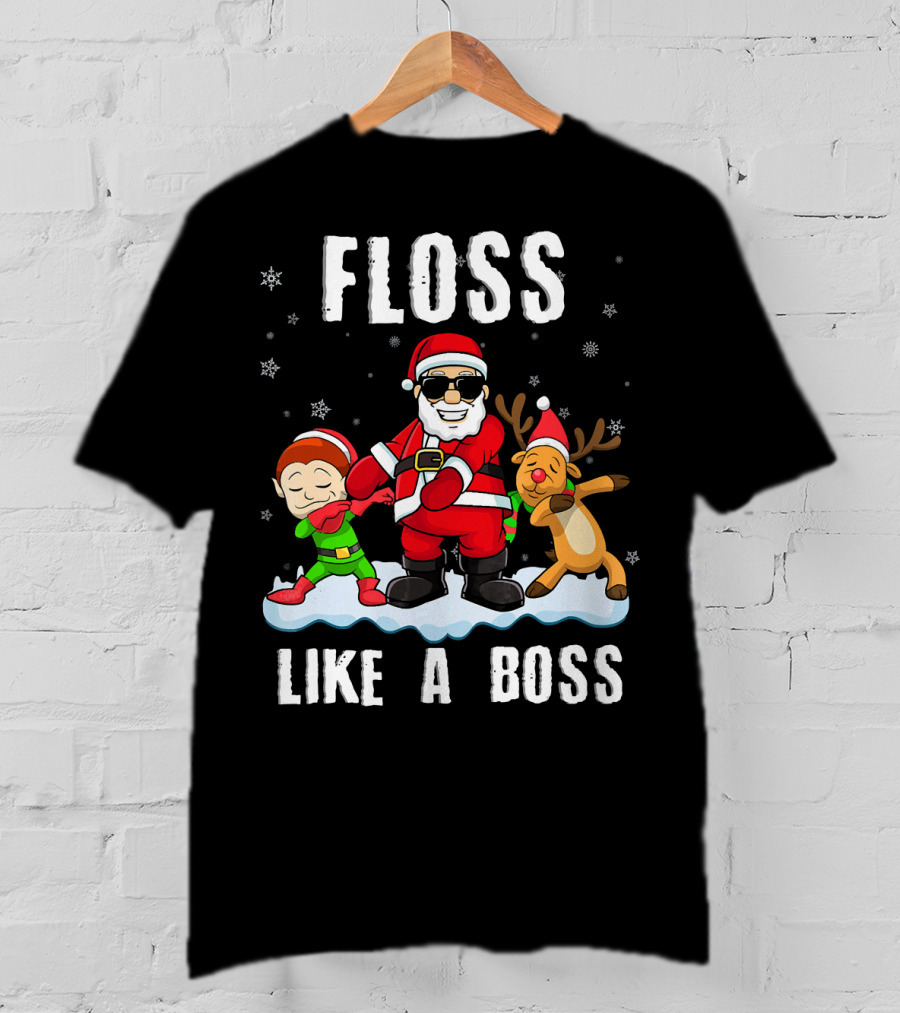 Floss Like A Boss Santa With Elf And Reindeer Dance Funny Christmas T-Shirt