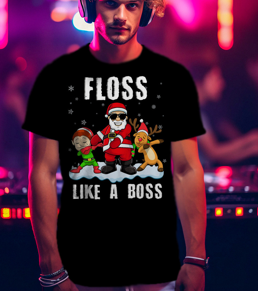 Floss Like A Boss Santa With Elf And Reindeer Dance Funny Christmas T-Shirt