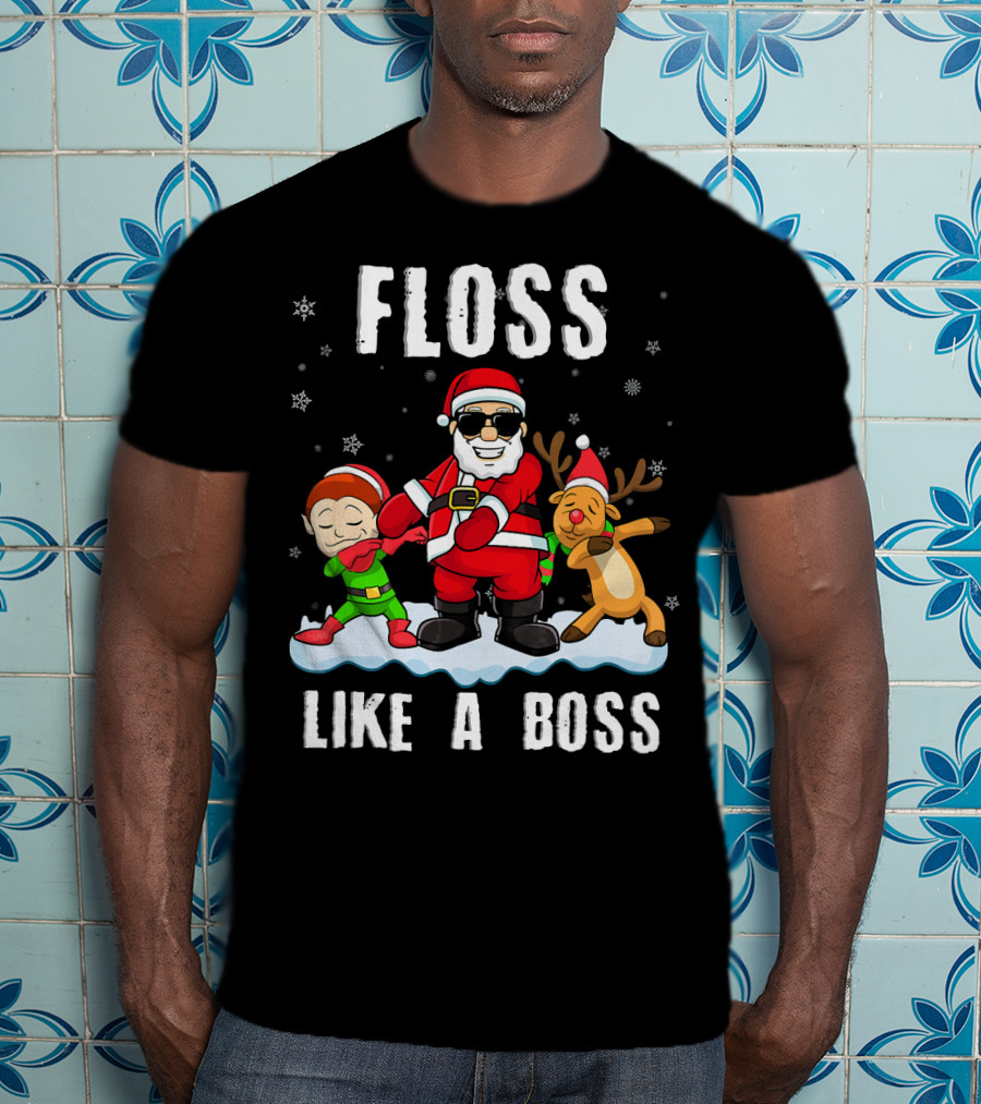 Floss Like A Boss Santa With Elf And Reindeer Dance Funny Christmas T-Shirt