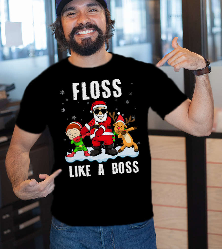 Floss Like A Boss Santa With Elf And Reindeer Dance Funny Christmas T-Shirt