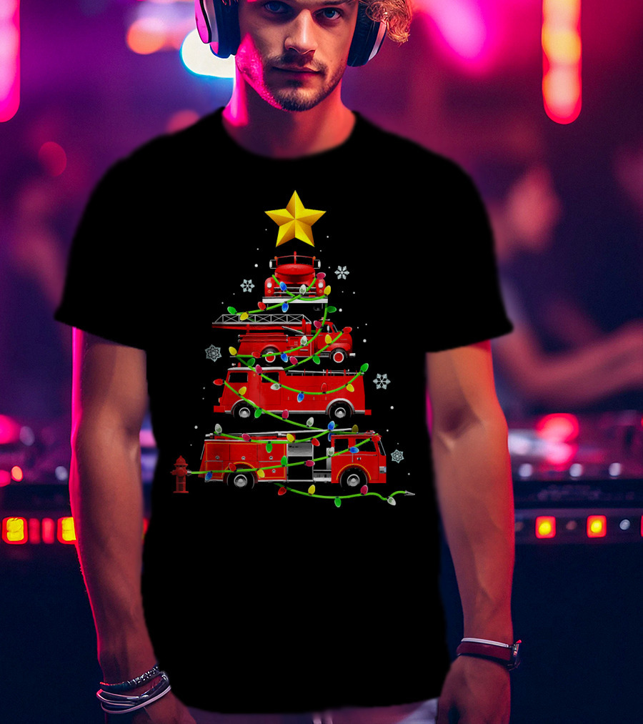 Firefighter Truck Holiday Lights Christmas Tree T-Shirt