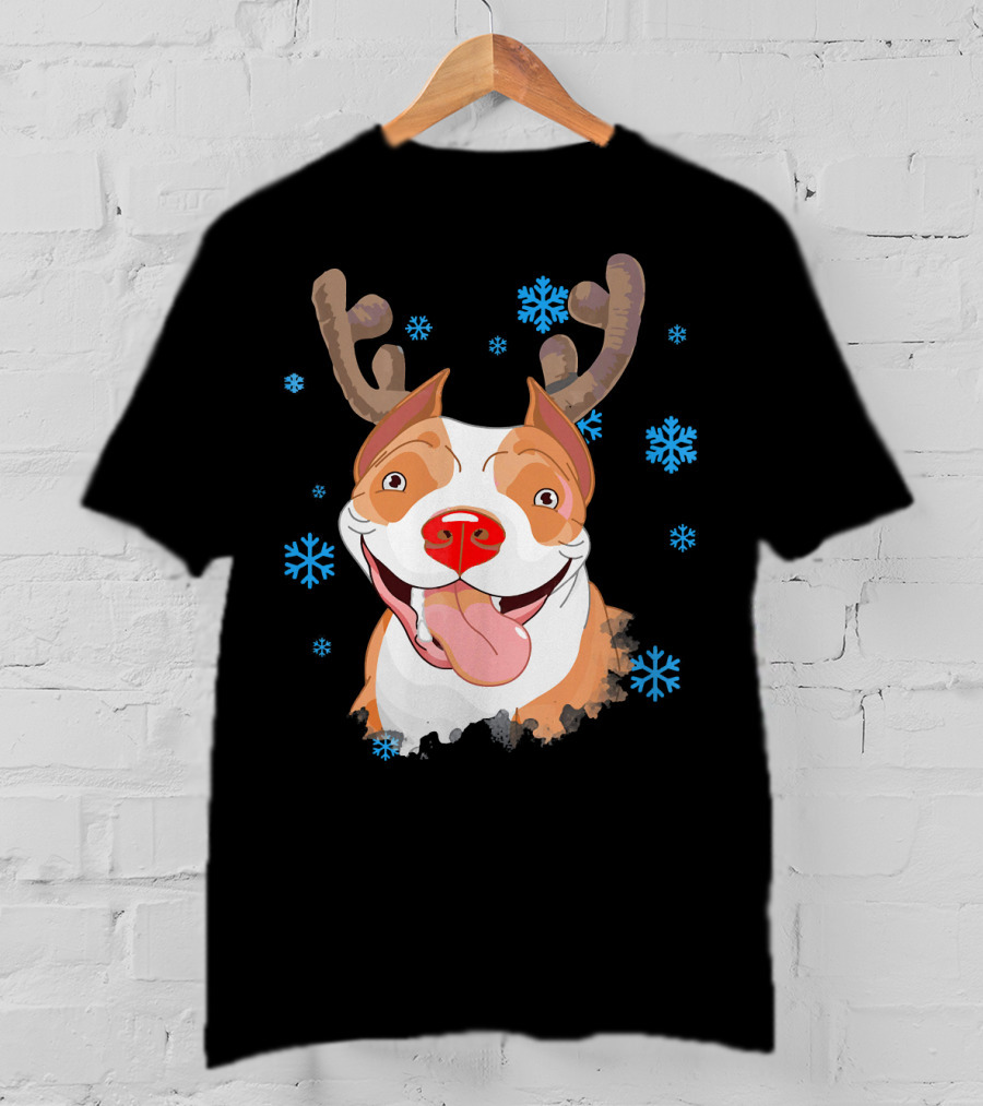 Funny Cutie Pit Bull Reindeer Antlers Snowflakes T-Shirt