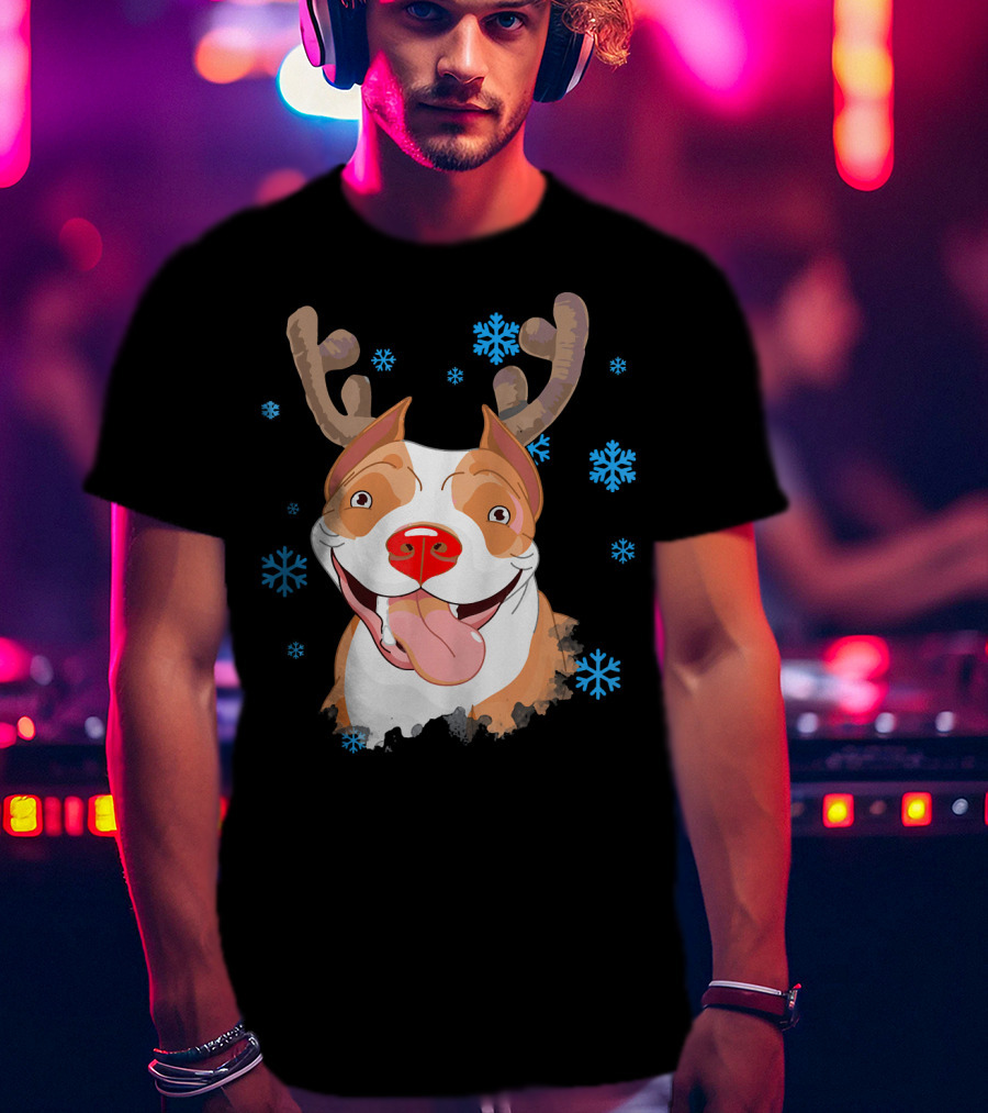 Funny Cutie Pit Bull Reindeer Antlers Snowflakes T-Shirt