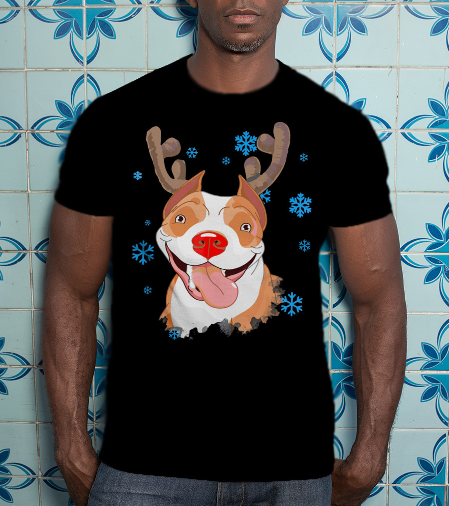 Funny Cutie Pit Bull Reindeer Antlers Snowflakes T-Shirt