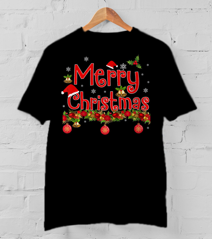 Merry Christmas Snowflakes Holly Santa Hat Bells Ornaments Garland T-Shirt