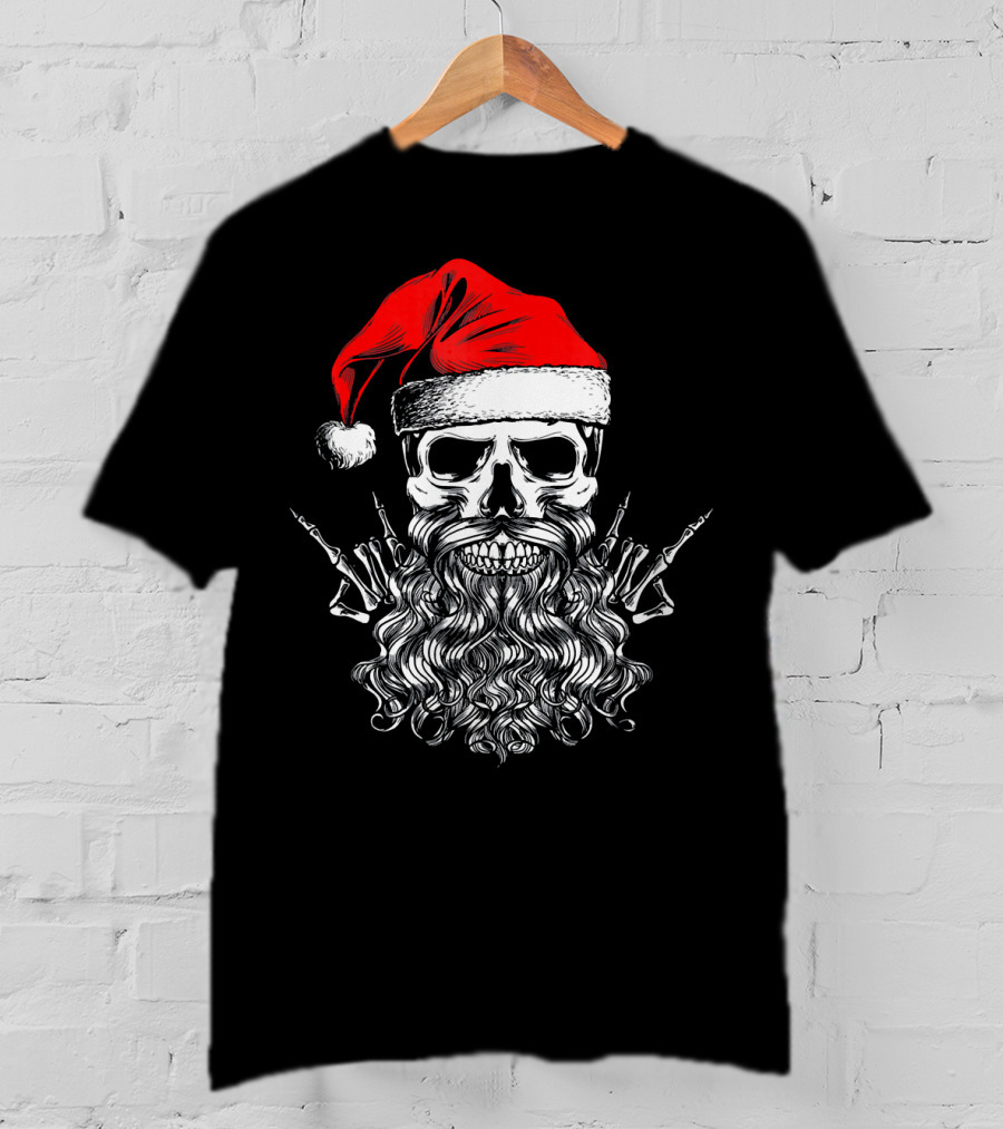 Hail Santa Heavy Metal Skull Red Santa Hat Skeleton Beard T-Shirt