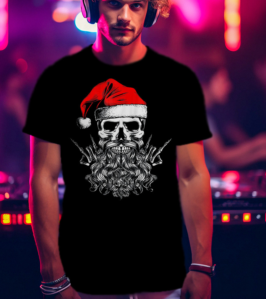 Hail Santa Heavy Metal Skull Red Santa Hat Skeleton Beard T-Shirt
