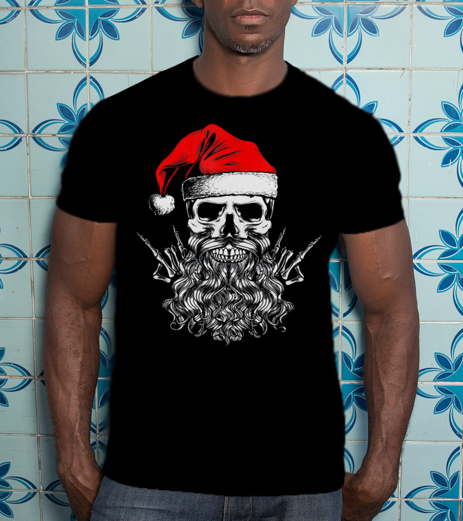 Hail Santa Heavy Metal Skull Red Santa Hat Skeleton Beard T-Shirt
