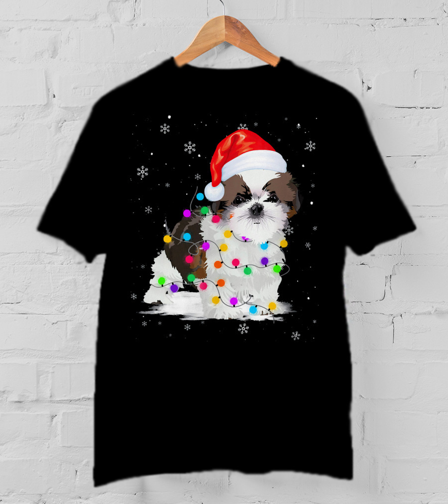 Shih Tzu Santa Hat Christmas Lights Snowflakes T-Shirt