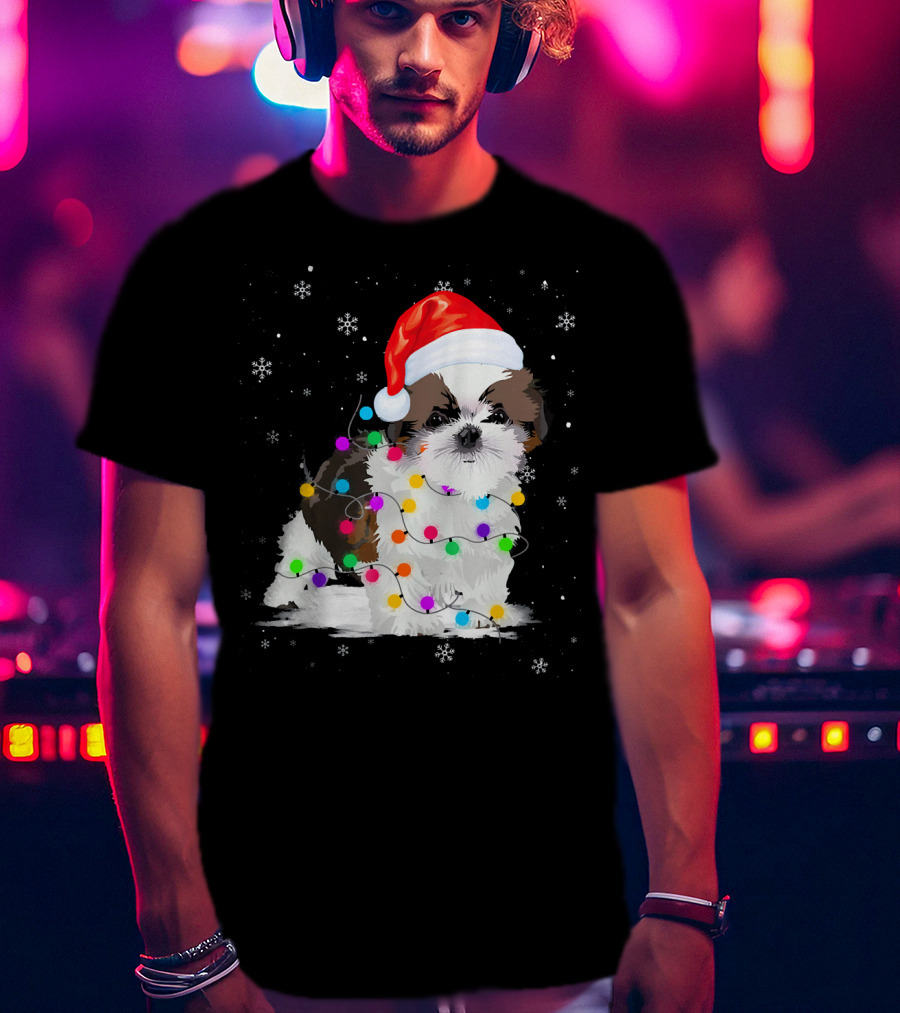 Shih Tzu Santa Hat Christmas Lights Snowflakes T-Shirt