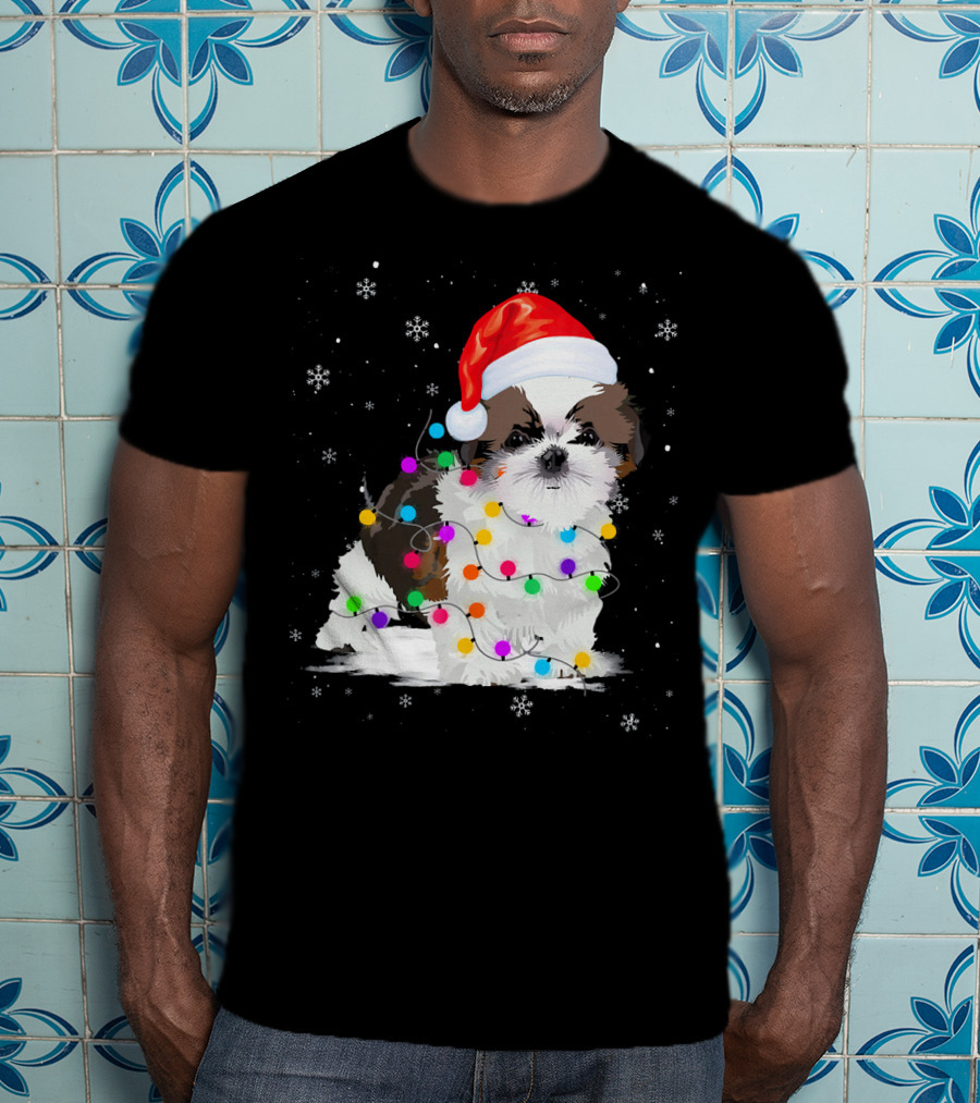 Shih Tzu Santa Hat Christmas Lights Snowflakes T-Shirt