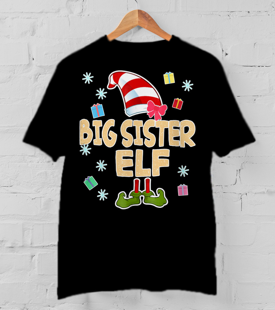 Big Sister Elf With Striped Hat And Gifts T-Shirt