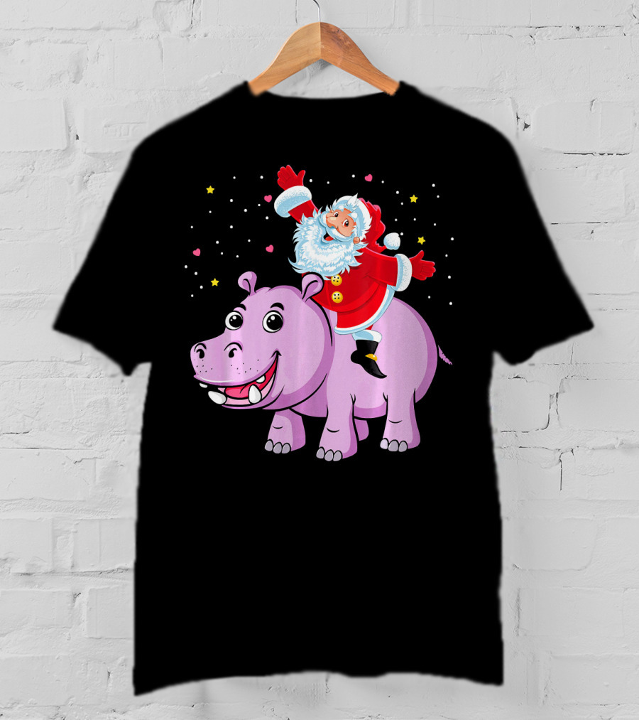 Santa Claus Riding A Happy Hippo Merry Christmas Stars T-Shirt