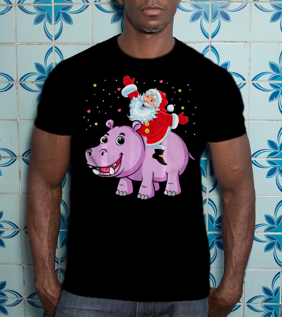 Santa Claus Riding A Happy Hippo Merry Christmas Stars T-Shirt