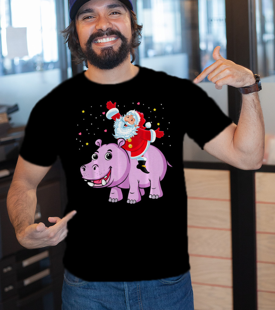 Santa Claus Riding A Happy Hippo Merry Christmas Stars T-Shirt