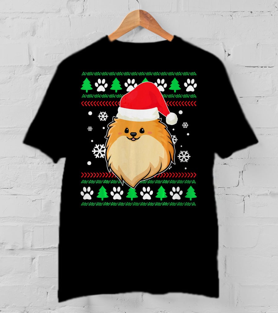 Pomeranian Santa Hat Ugly Christmas Sweater Snowflakes Trees Paws T-Shirt