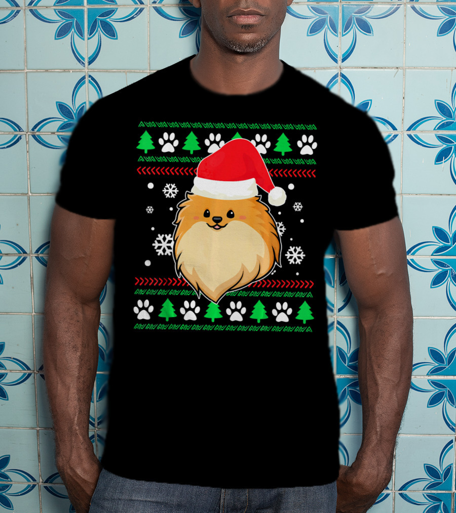 Pomeranian Santa Hat Ugly Christmas Sweater Snowflakes Trees Paws T-Shirt