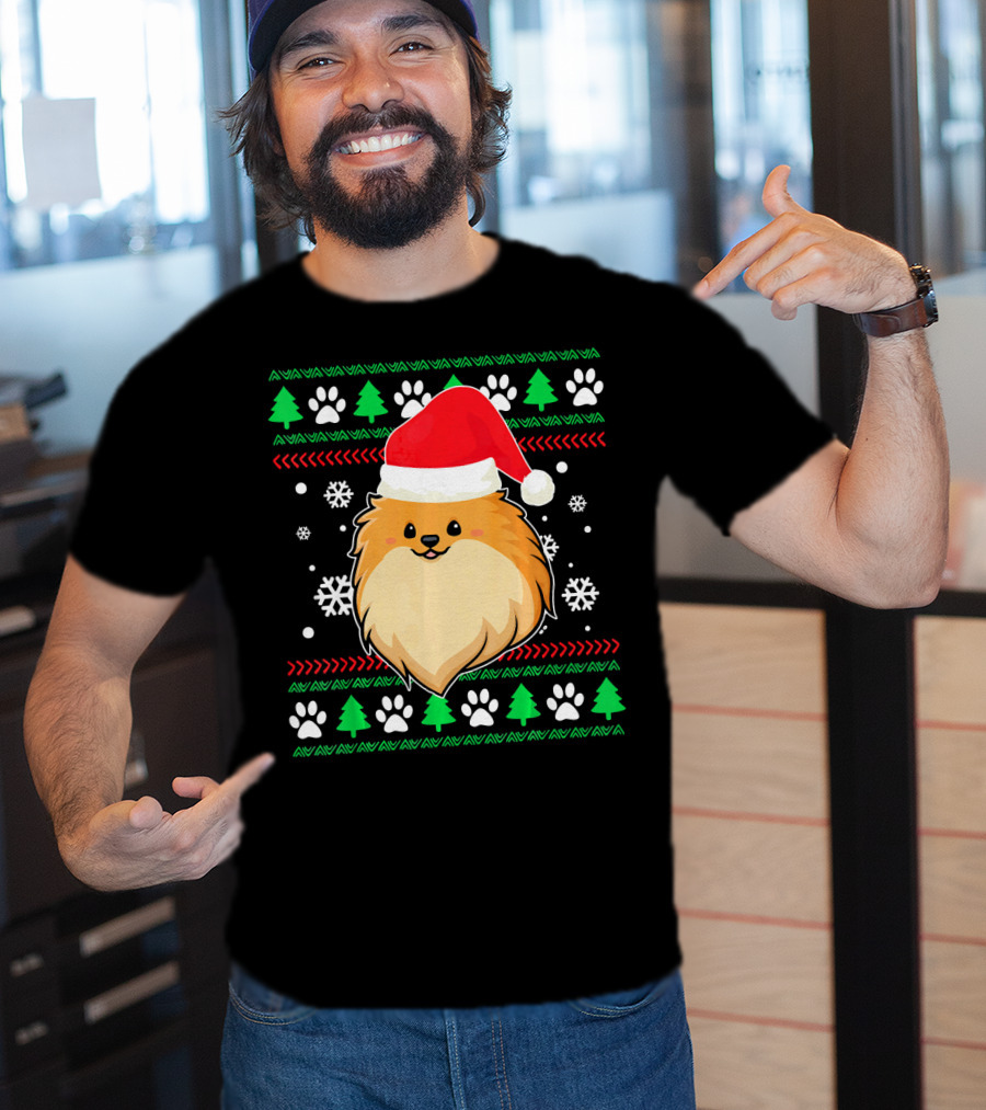Pomeranian Santa Hat Ugly Christmas Sweater Snowflakes Trees Paws T-Shirt