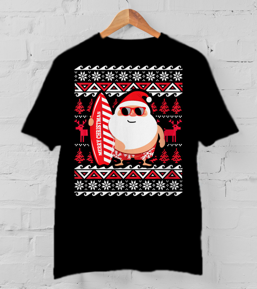 Surfing Santa Claus Merry Christmas Hawaii Red Reindeer Snowflakes T-Shirt