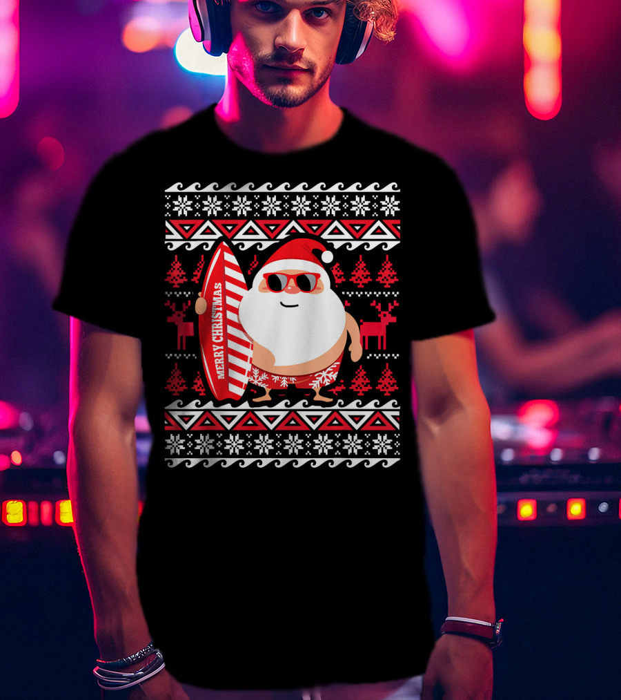 Surfing Santa Claus Merry Christmas Hawaii Red Reindeer Snowflakes T-Shirt