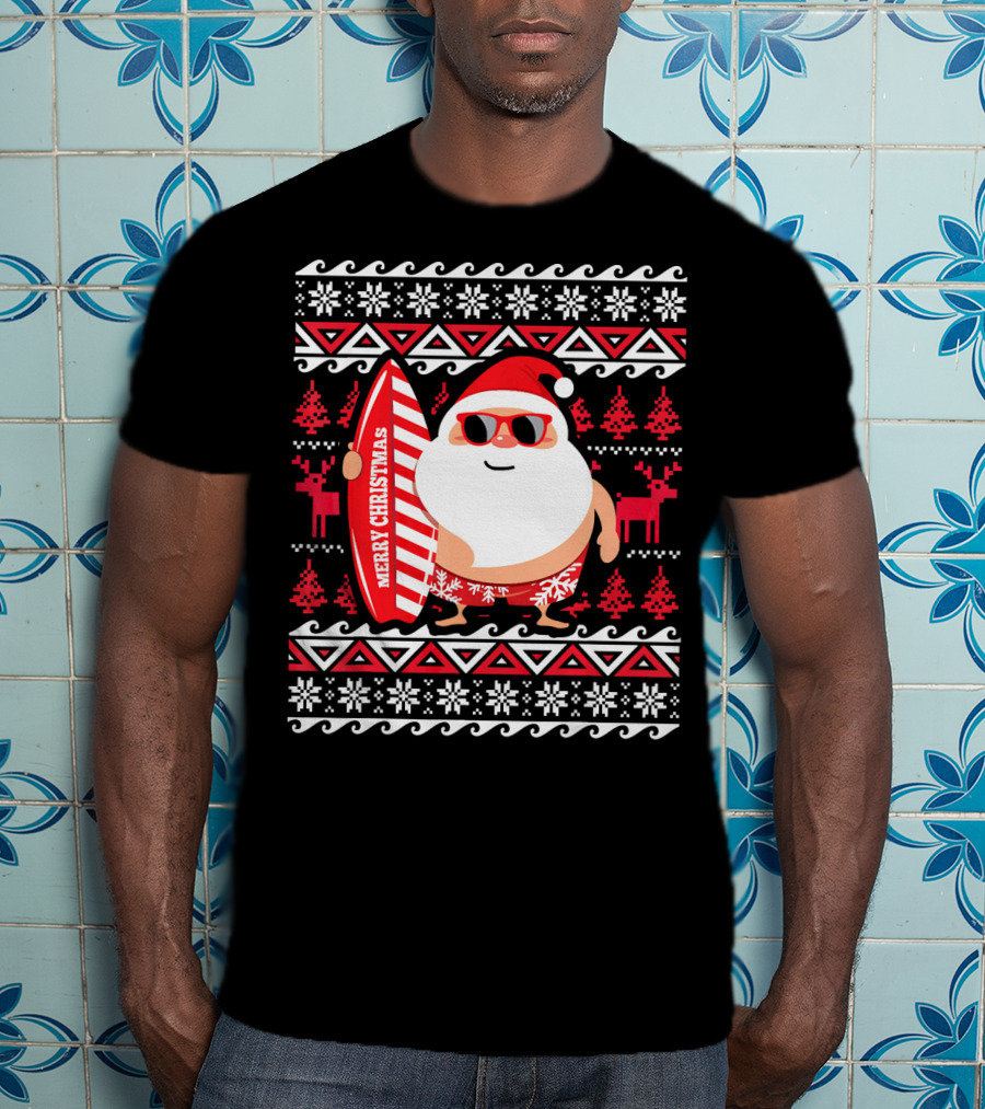Surfing Santa Claus Merry Christmas Hawaii Red Reindeer Snowflakes T-Shirt