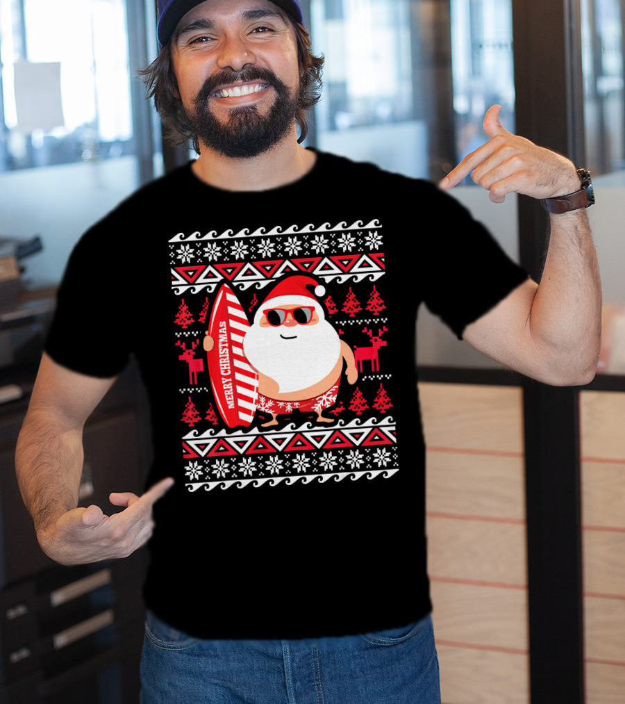 Surfing Santa Claus Merry Christmas Hawaii Red Reindeer Snowflakes T-Shirt