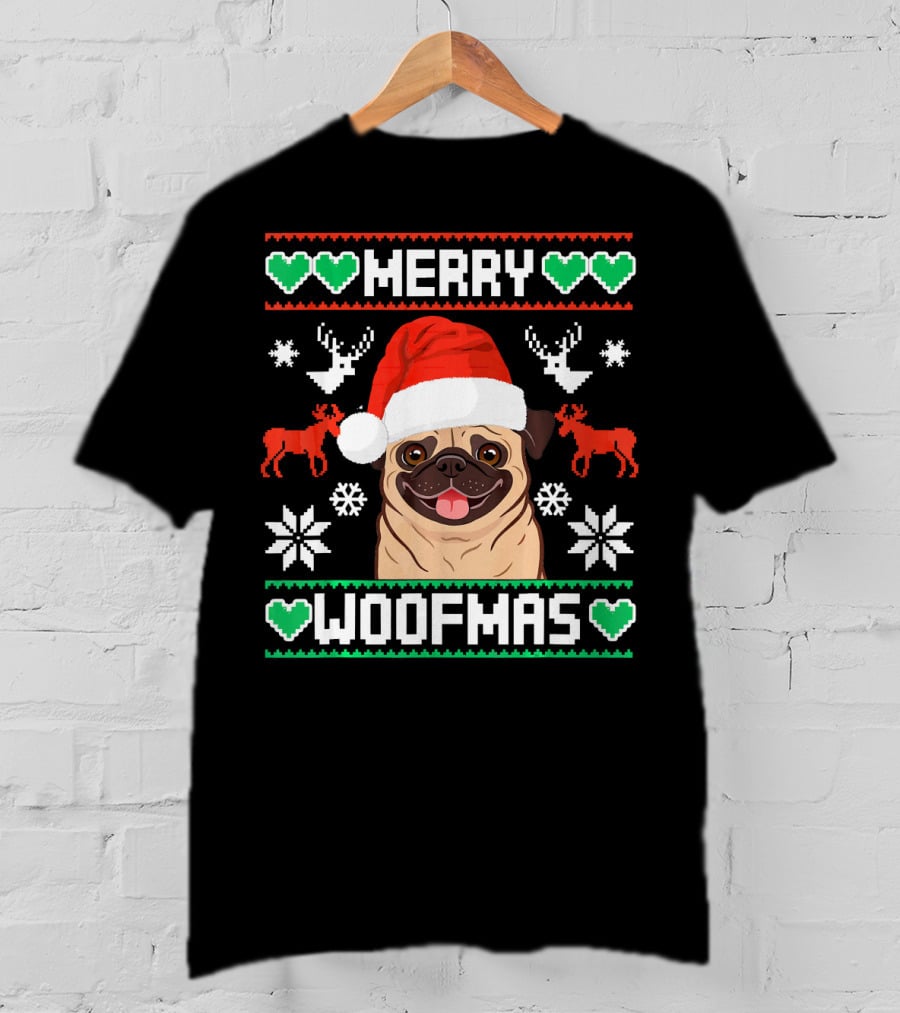 Merry Woofmas Christmas Xmas Santa Claus Dog Reindeer Pug In Santa Hat With Snowflakes And Green Hearts T-Shirt