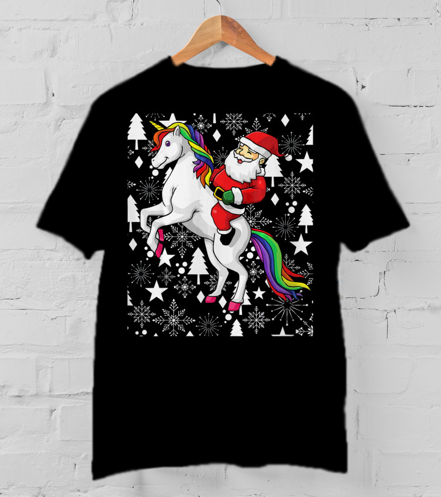 Santa Claus Riding A Unicorn Ugly Christmas Sweater With Stars And Snowflakes T-Shirt