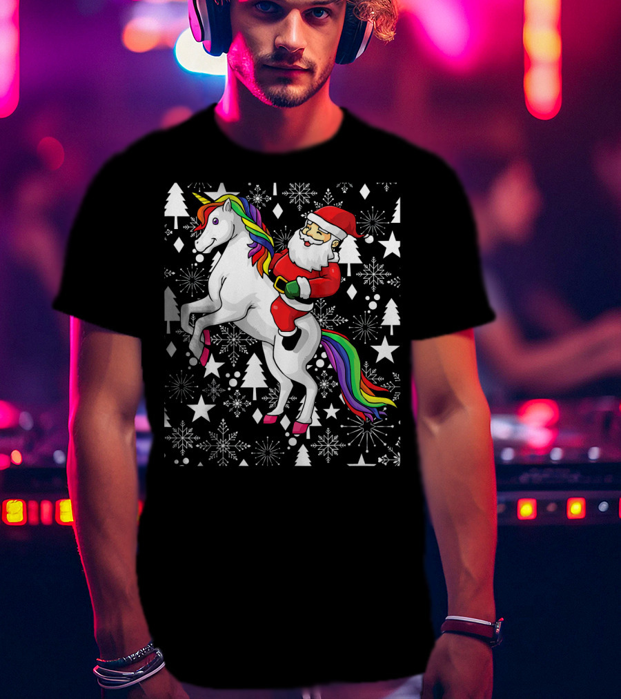 Santa Claus Riding A Unicorn Ugly Christmas Sweater With Stars And Snowflakes T-Shirt