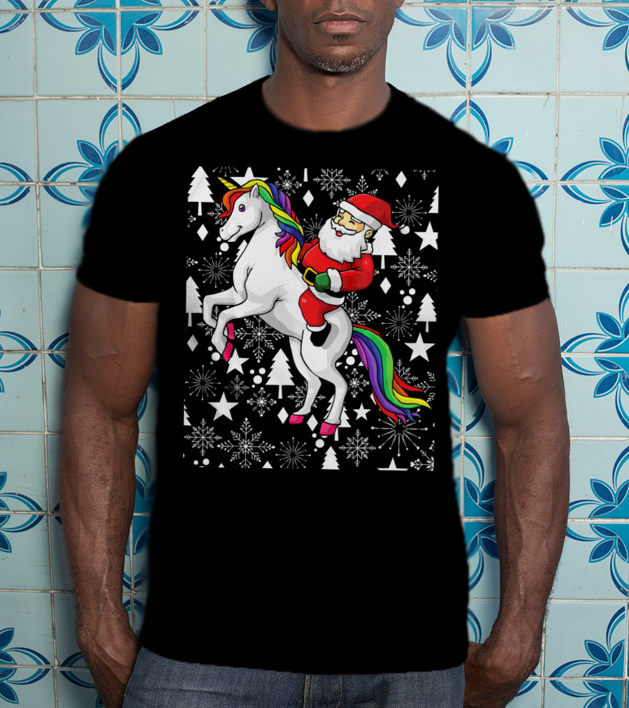 Santa Claus Riding A Unicorn Ugly Christmas Sweater With Stars And Snowflakes T-Shirt