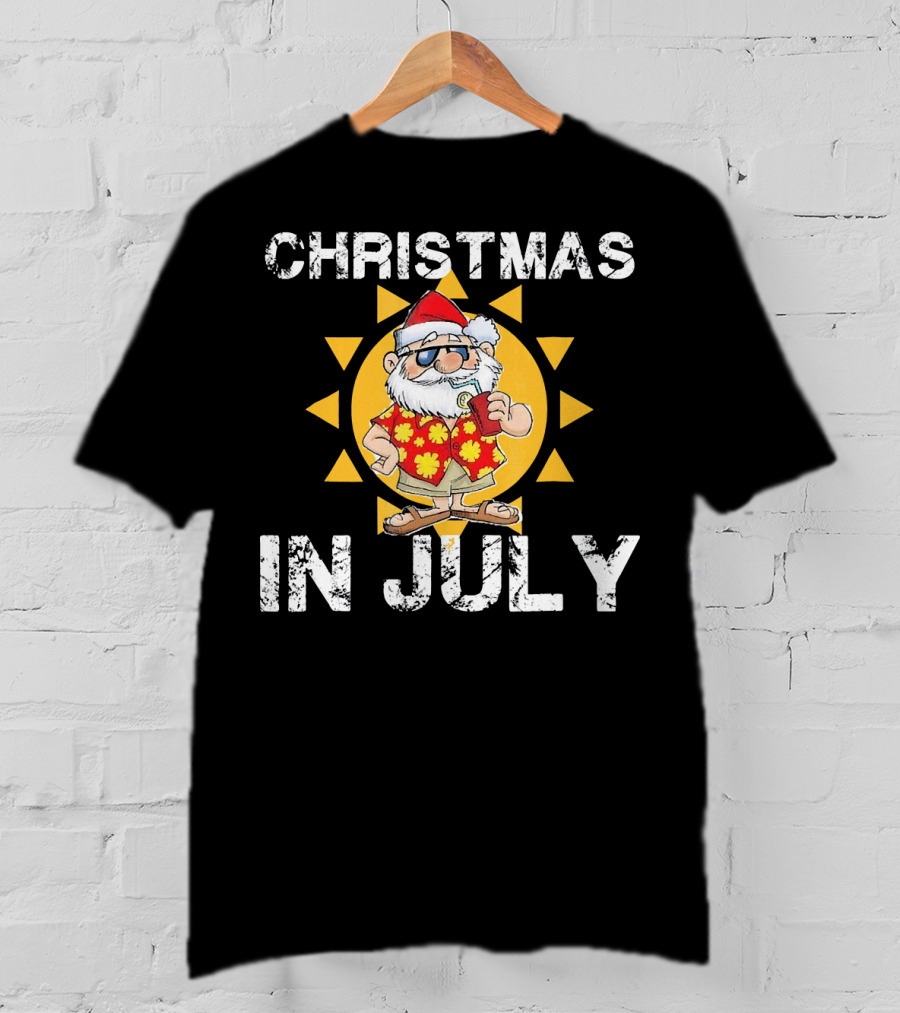 Christmas In July Funny Santa In Hawaiian Shirt With Sunglasses And Drink T-Shirt