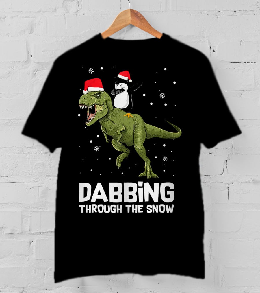 Dabbing Through The Snow Penguin On Dinosaur Christmas T-Shirt