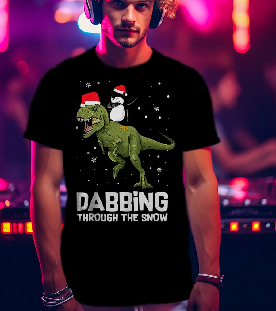 Dabbing Through The Snow Penguin On Dinosaur Christmas T-Shirt